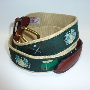 Barrons-Hunter Men's Green Golf Motif Brown Leather TAB Belt Size 38 Made in USA